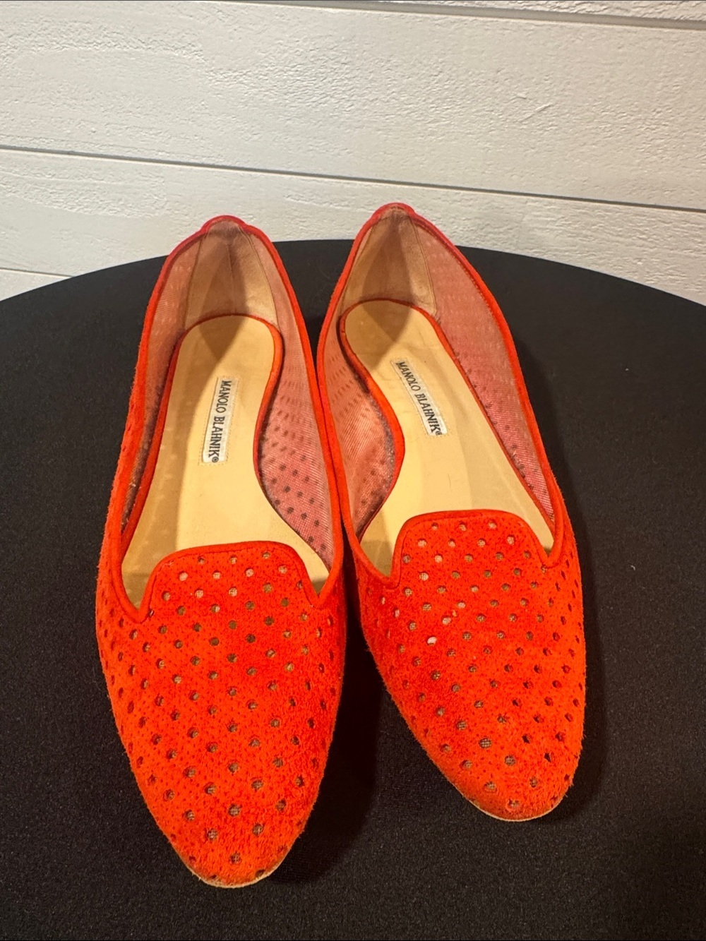 Manolo Blahnik Red Suede Perforated Loafers- 38